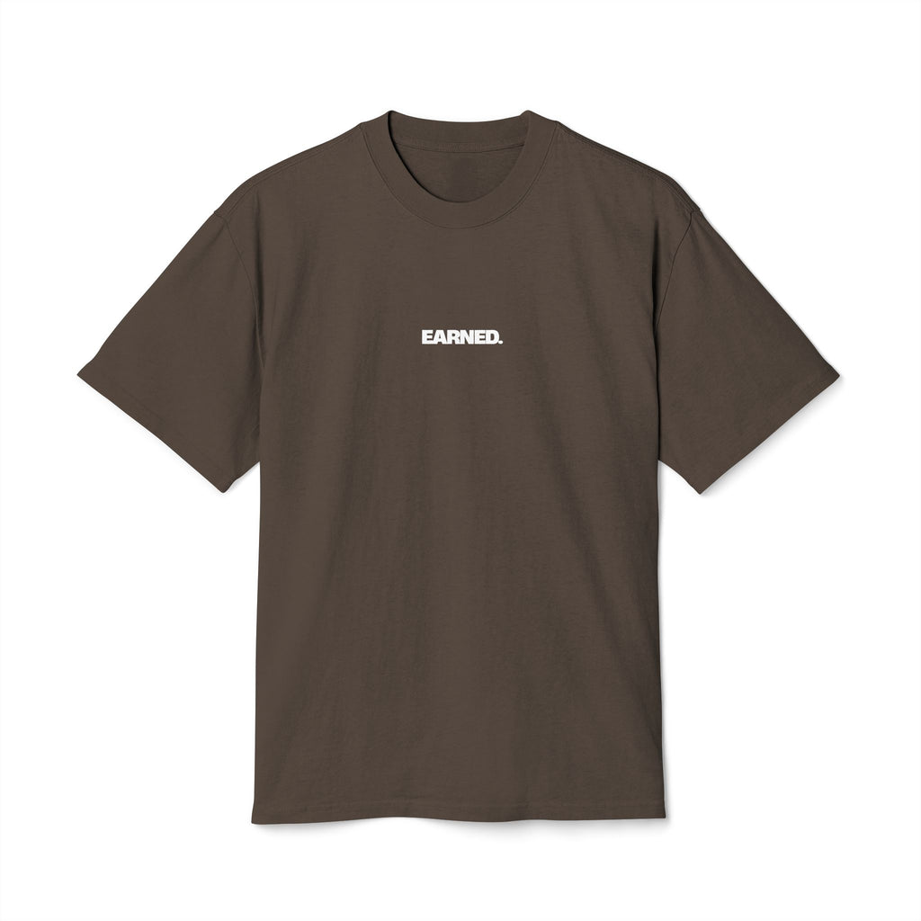 Jordan Wood signature oversized heavyweight t-shirt front view brown with earned logo