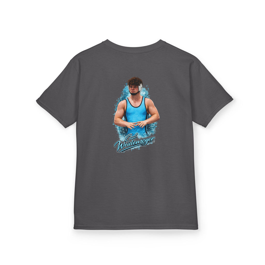 Cael Weidemoyer signature youth wrestling t-shirt back grey with athlete artwork