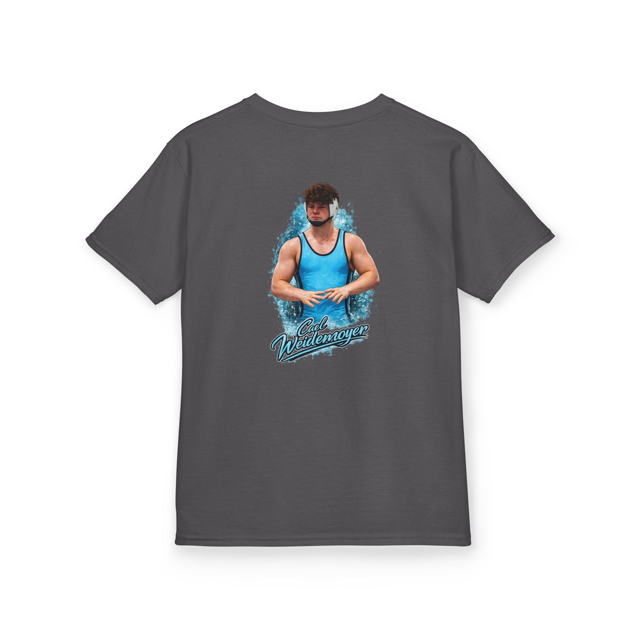 Cael Weidemoyer signature youth wrestling t-shirt back grey with athlete artwork