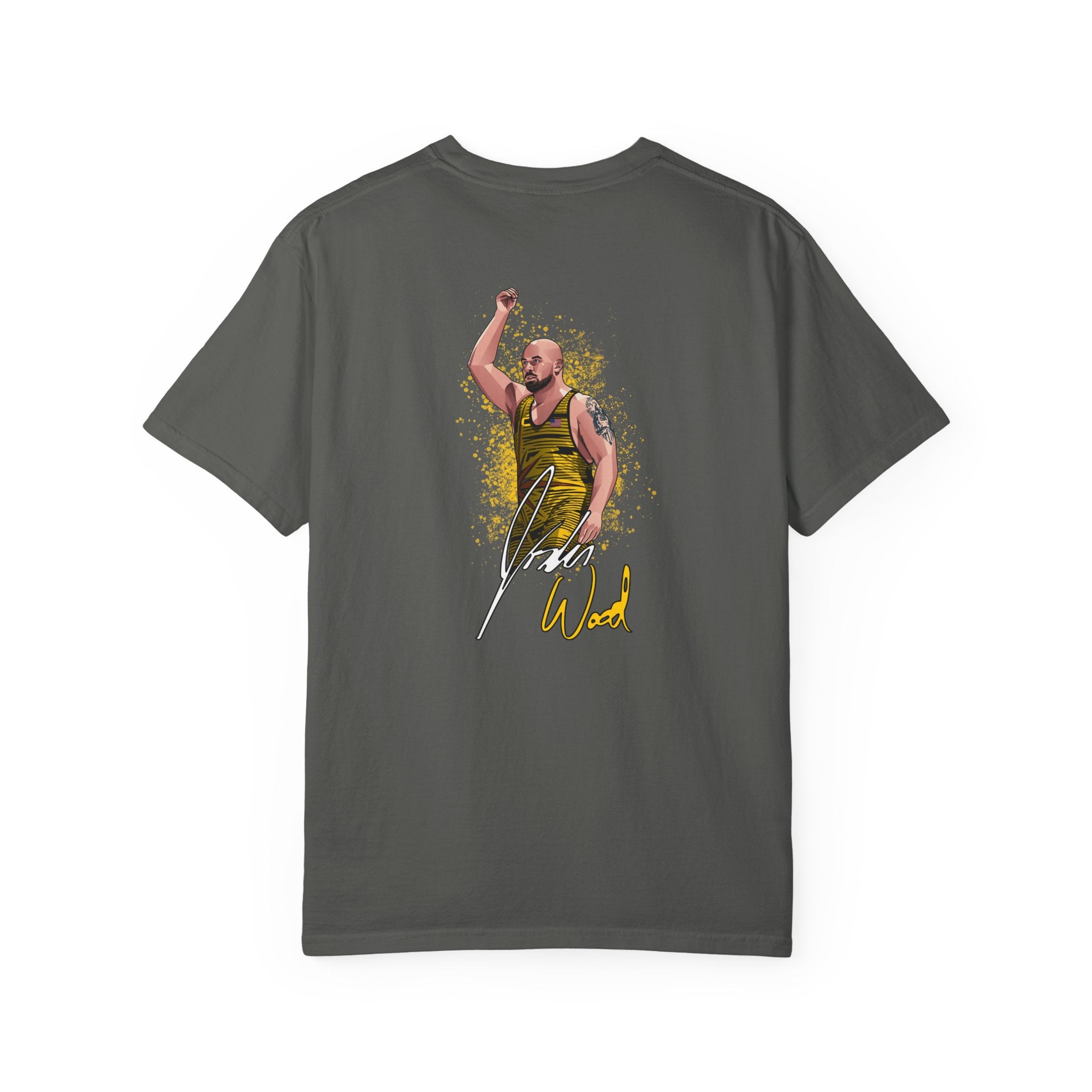 Jordan Wood wrestling shirt back grey with athlete artwork