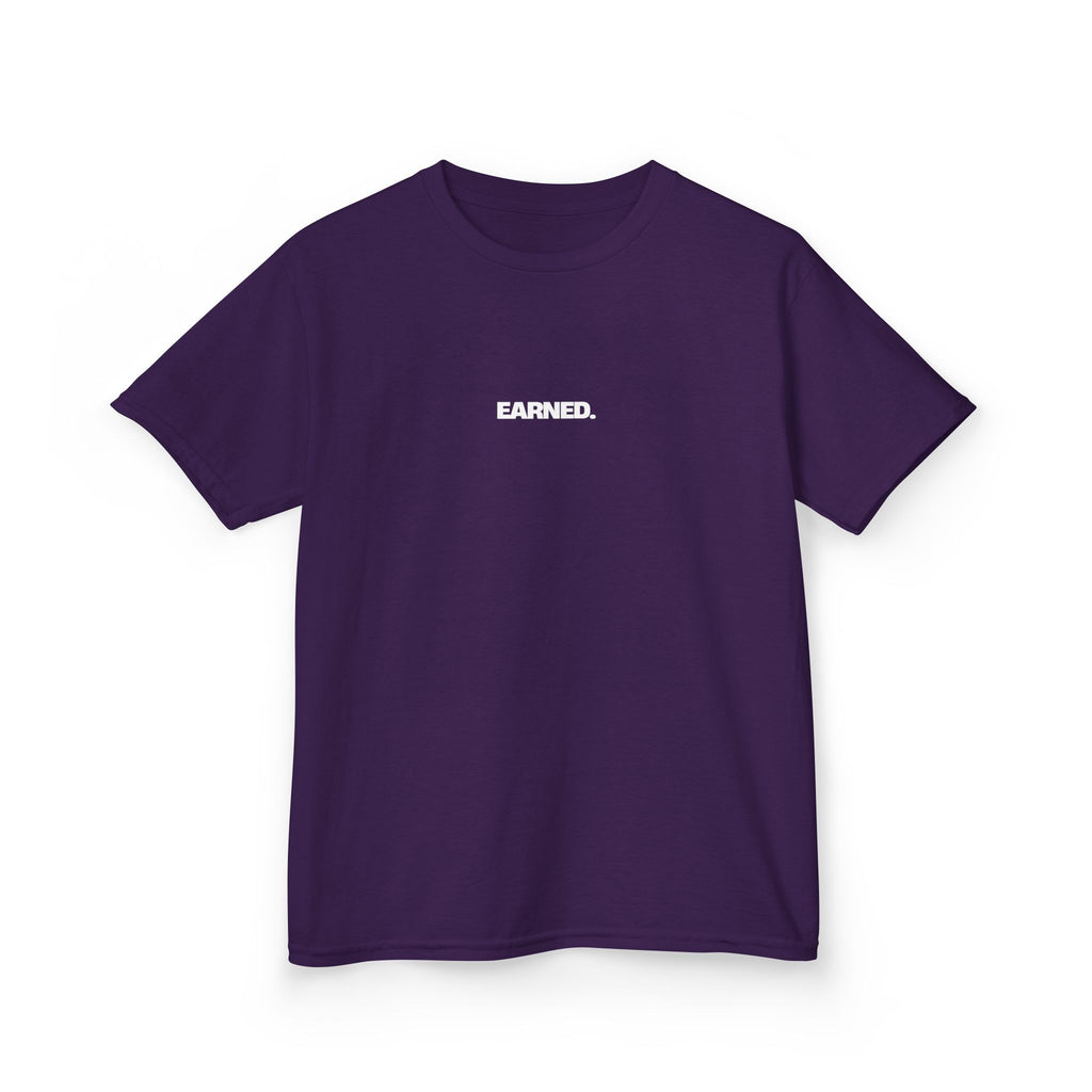 Max Brignola youth t-shirt front purple with Earned logo