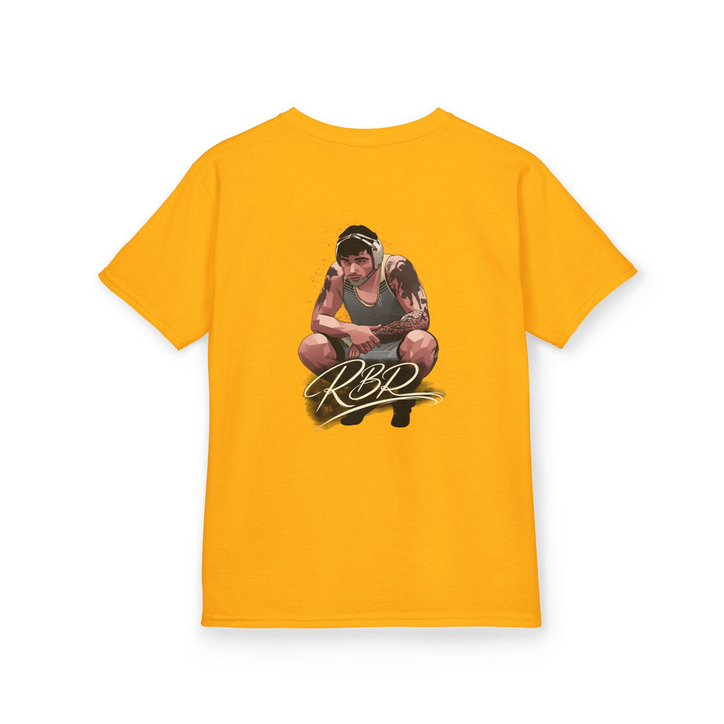 Remy Brancato-Roed signature youth wrestling t-shirt back gold with RBR artwork